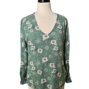 Lucky Brand Women's Floral Blouse Green V-Neck Smocked Long Sleeve S/P